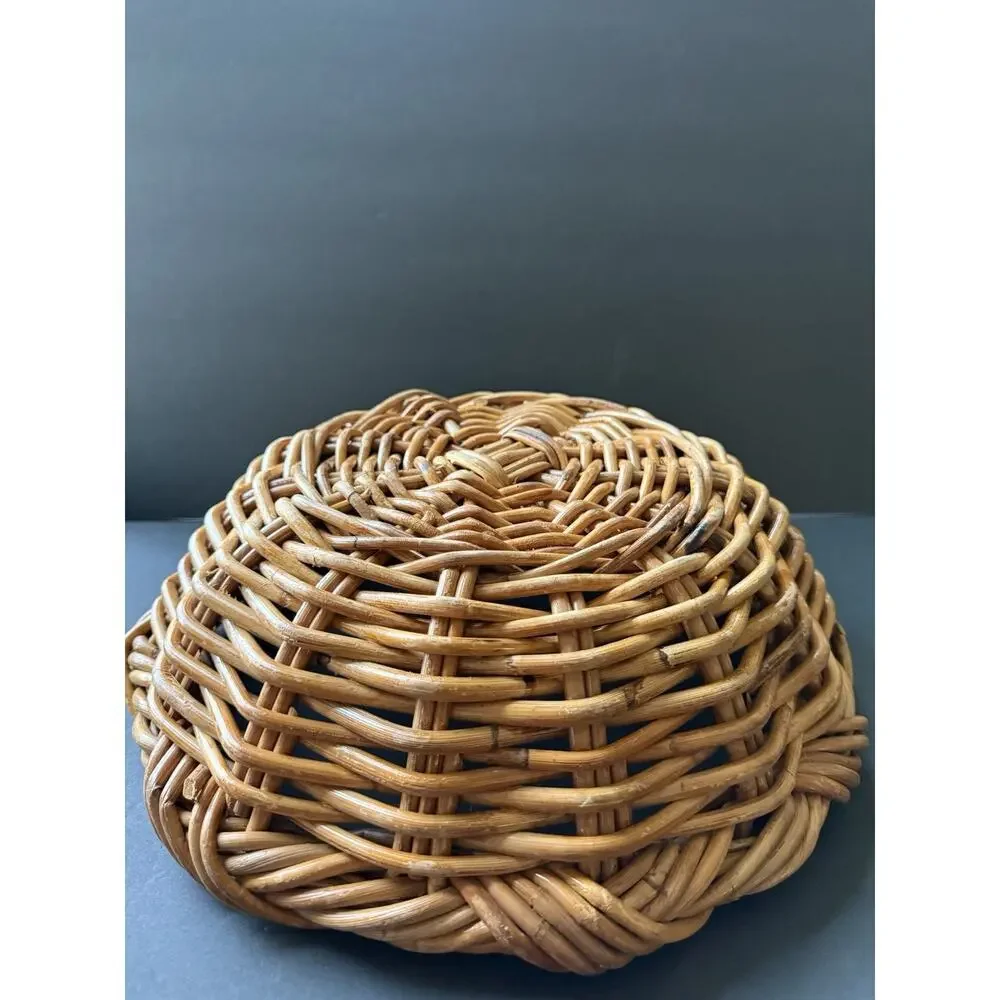 Handwoven Read Wicker Woven Round Basket Rattan Bowl Twisted Braided Cottagecore